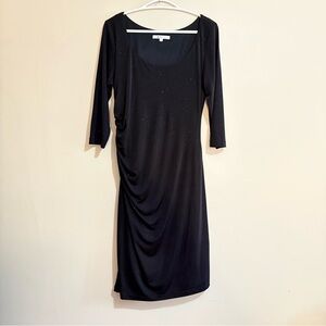 Cleo Black Shimmering Ruched Bodycon Midi Cocktail Dress w 3/4 Sleeve